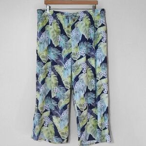Linen Coastal Palm Print Pull On Pants 3X Tropical Beach Vacation Elastic Waist